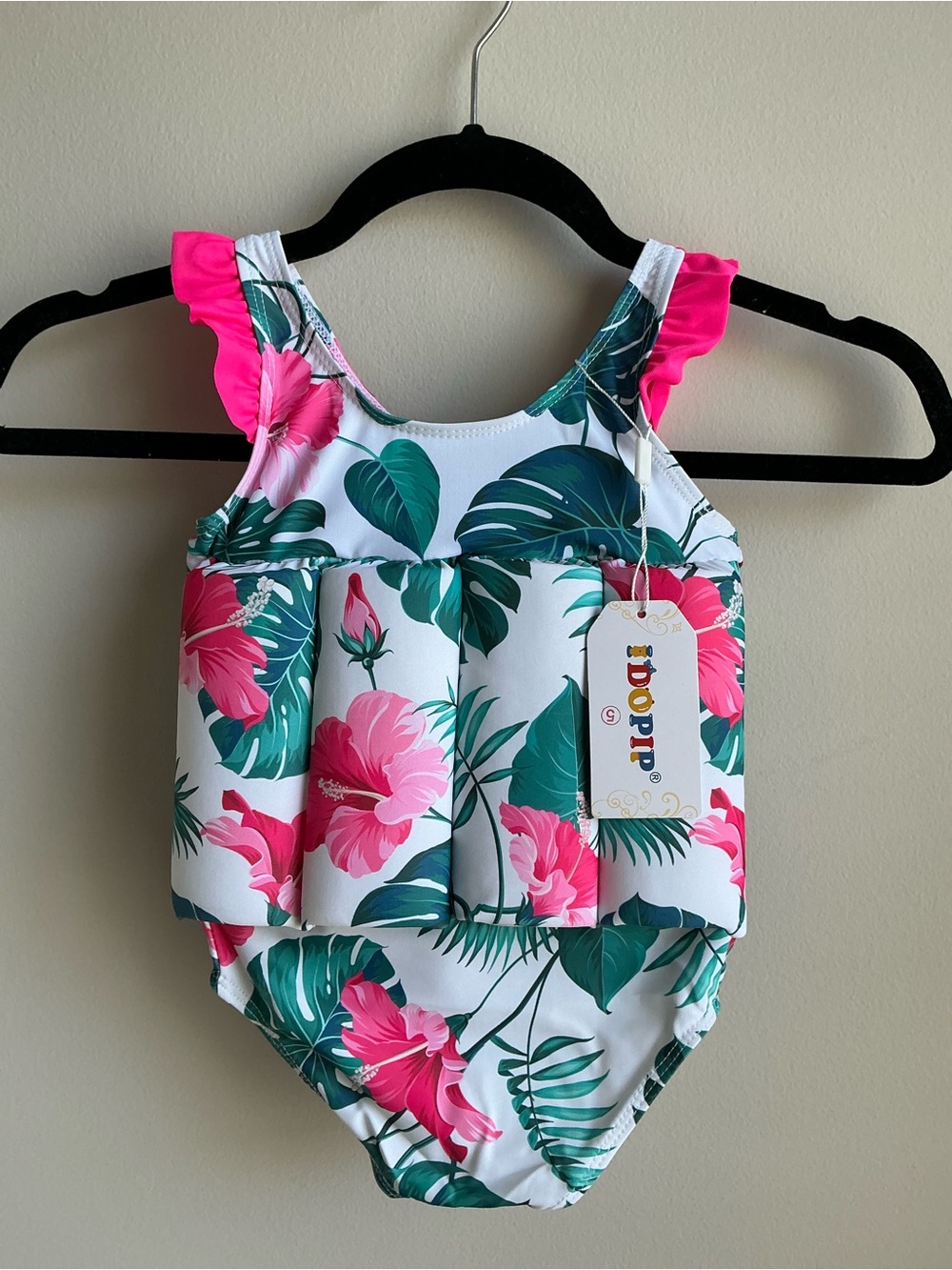 Tropical Pink & Green Ruffle One-Piece Swim suit with built in floatation